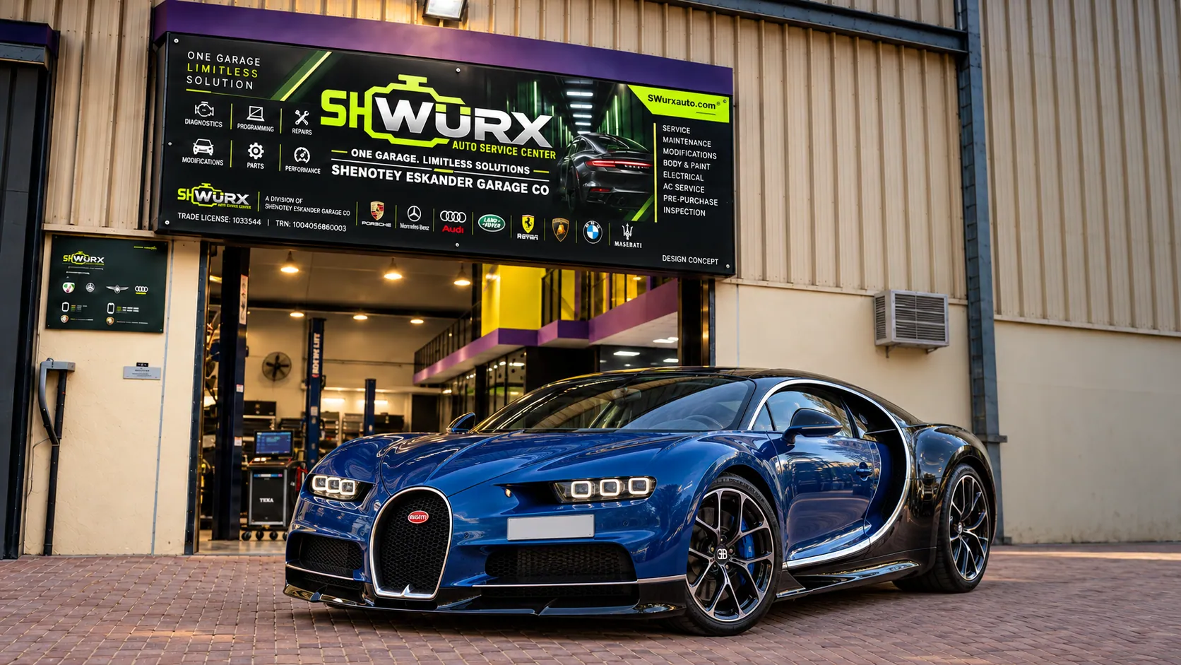 Bugatti outside the SHWURX-branded workshop facade