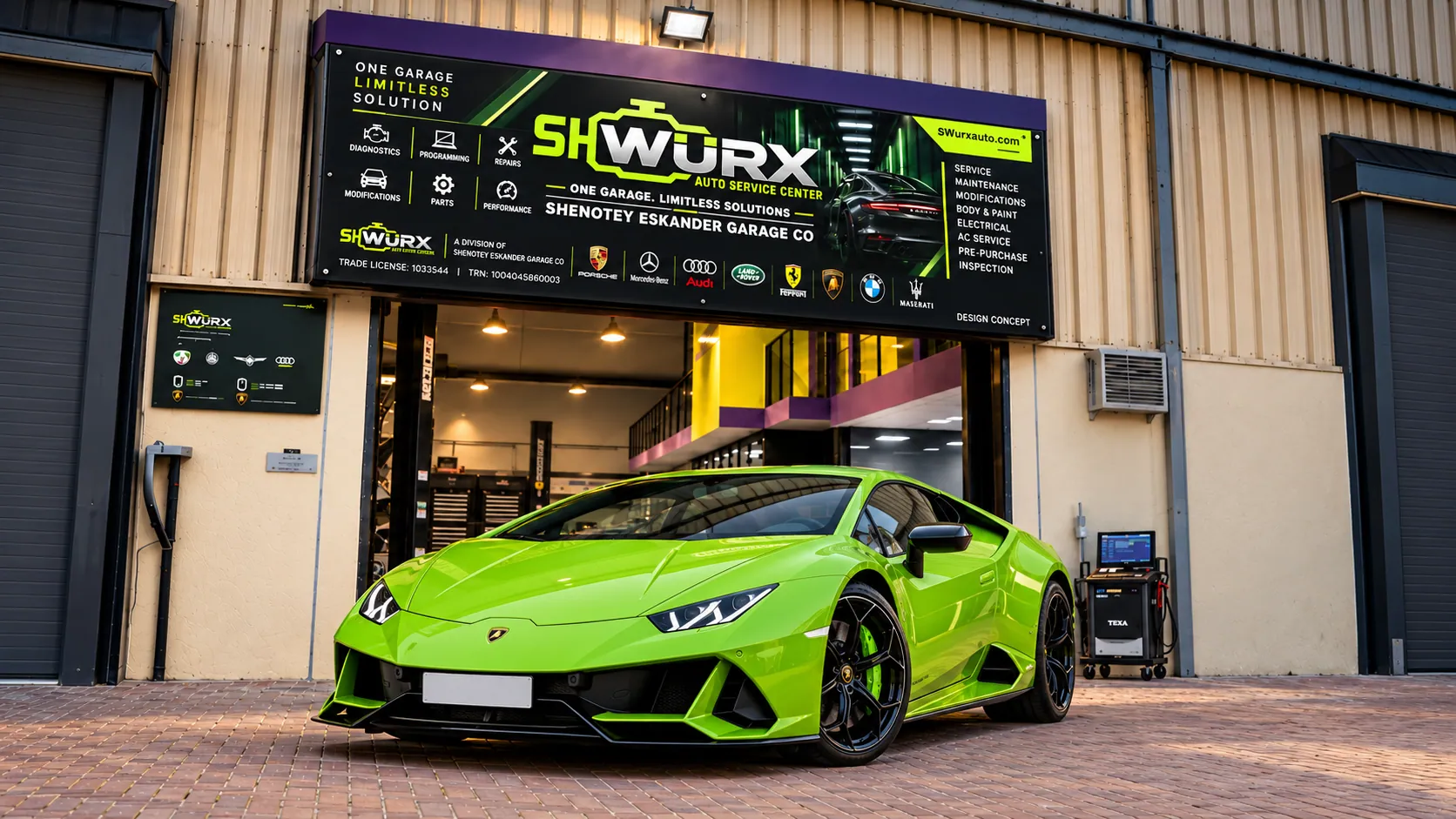 Lamborghini outside the SHWURX-branded workshop facade