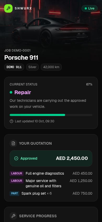 Tracking page showing the car's current repair status and approved quotation